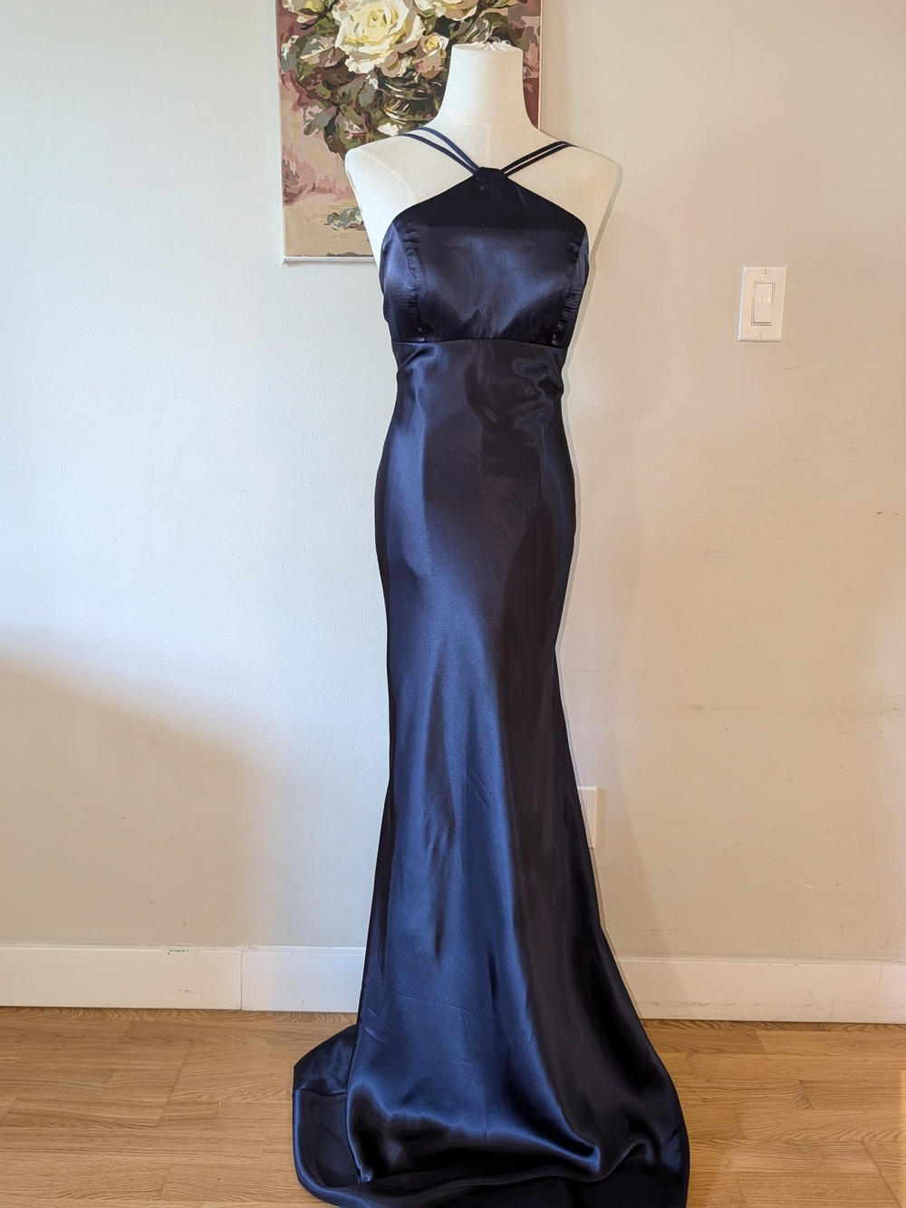 Y2K Navy Satin Halter Lace Up Back Gown
